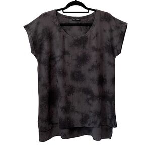 Eileen Fisher Black Gray Shibori Tie Dye Silk Tunic Scoop Neck Blouse Size M
